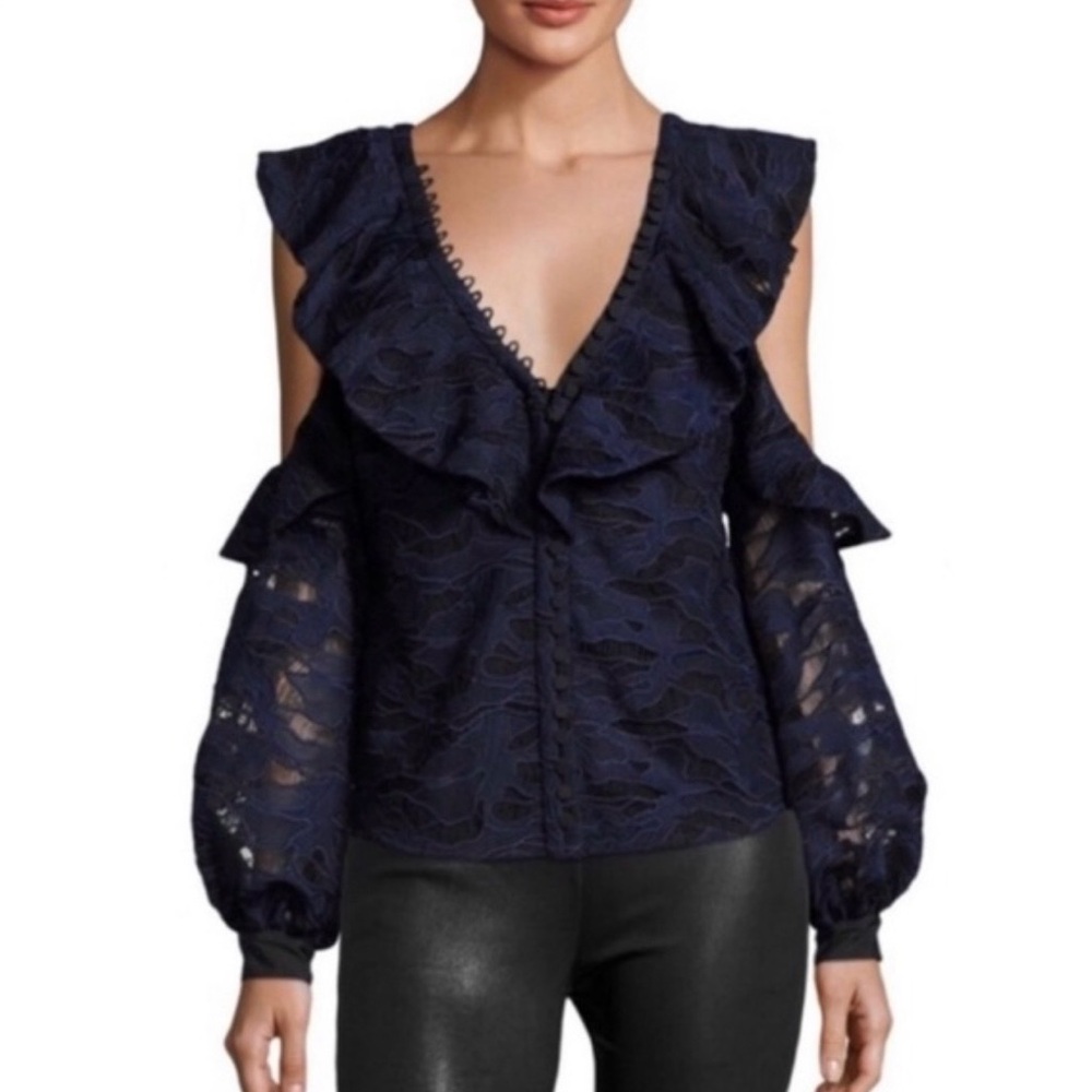 Self-Portrait Navy Lace Ruffle Top SZ 6 Cold Shoulder Party Evening Buttons Boho